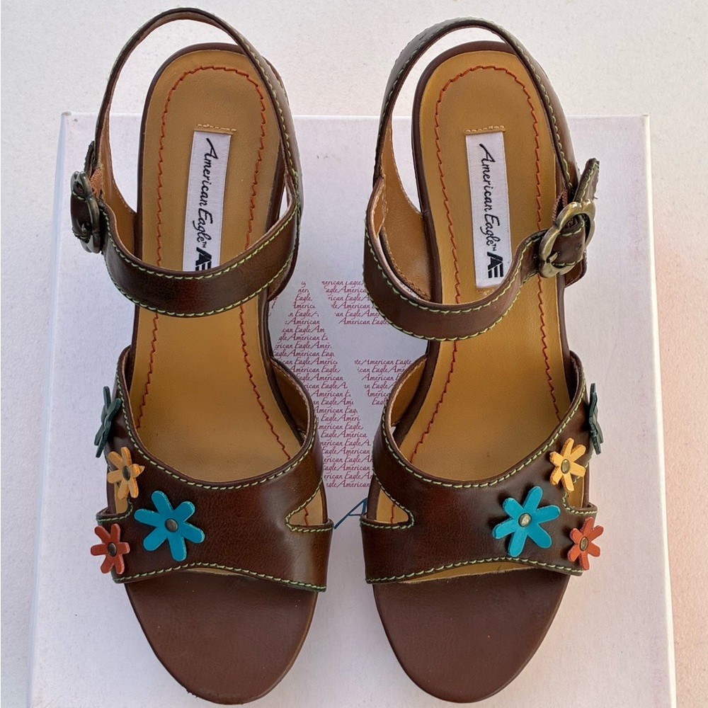 American Eagle By Payless Brown Sandals with Floral Accents